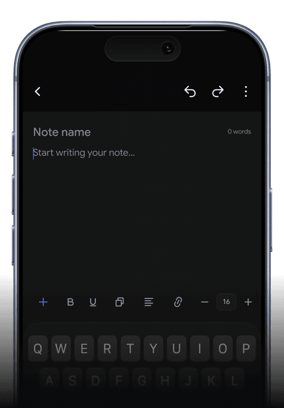 Mobile phone interface showing the MoniNotes rich text editor with a typing cursor, a blank digital note page, and formatting tools.