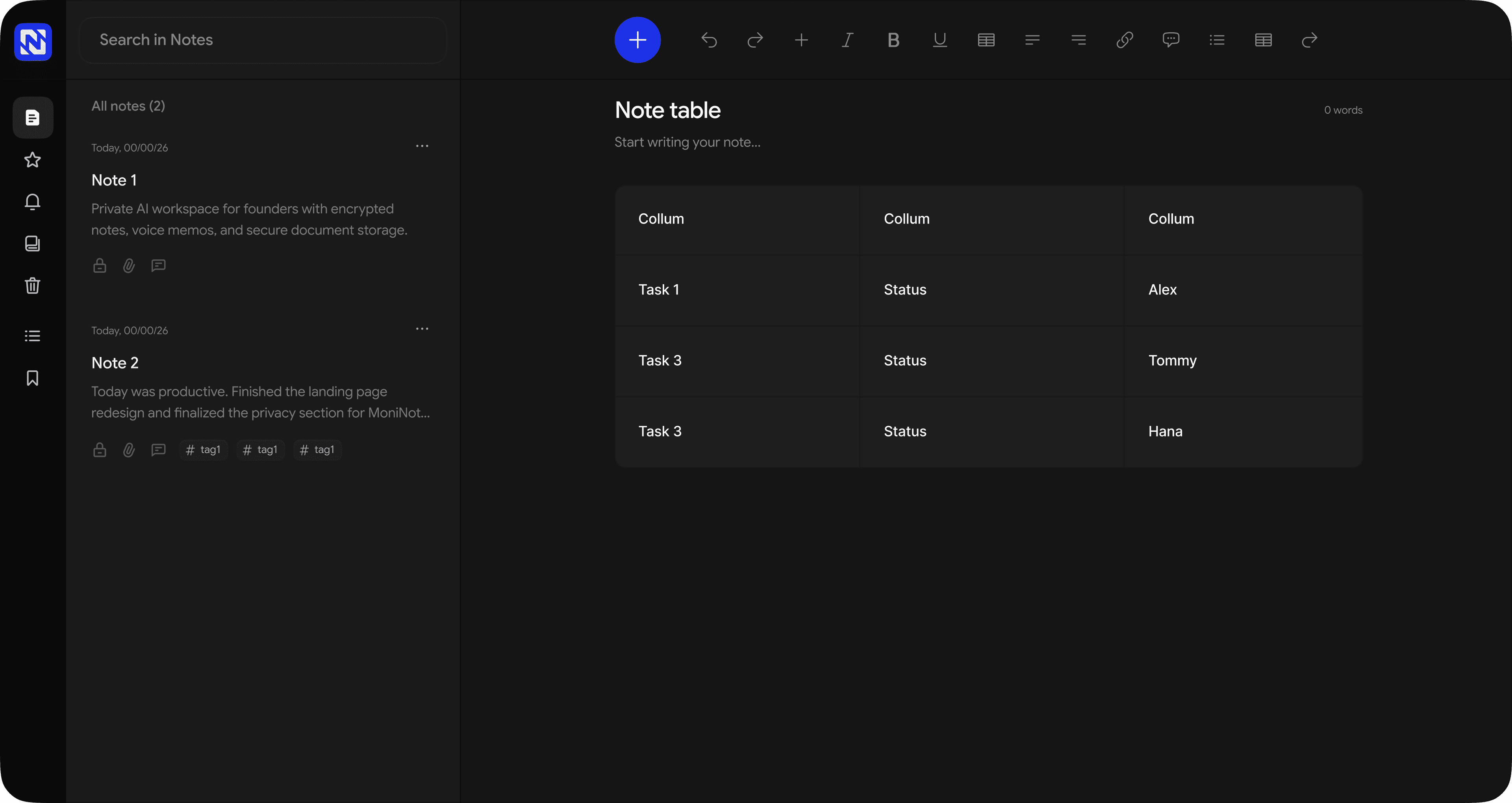Screenshot of the MoniNotes web application dashboard in dark mode, showing the note editor, Markdown formatting toolbar, and a list of organized private notebooks.