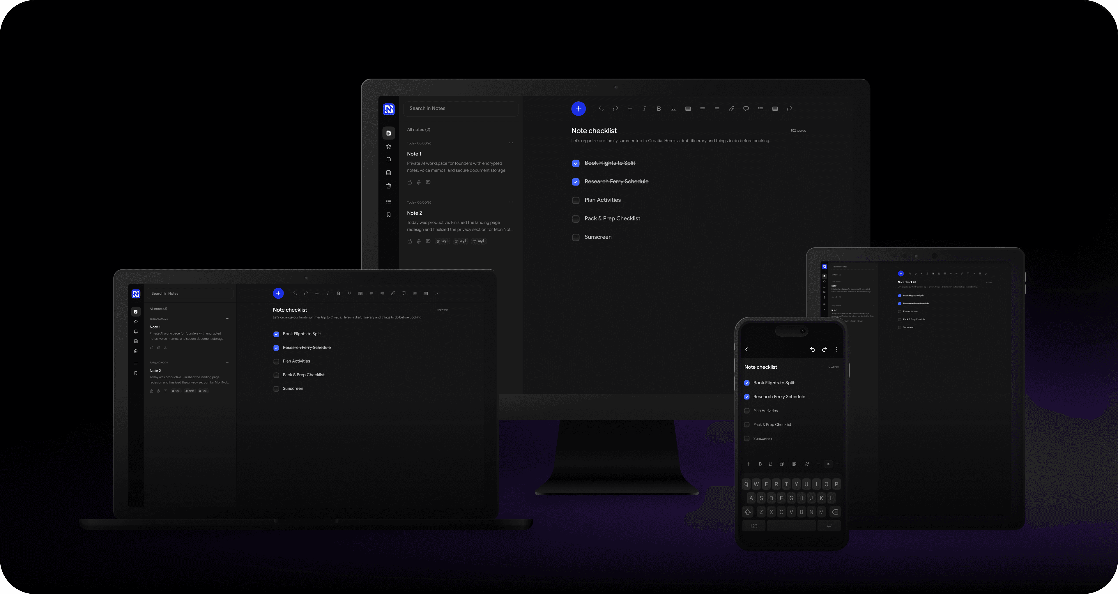 MoniNotes responsive application interface running simultaneously on a desktop computer, a tablet, and a mobile smartphone, demonstrating seamless cross-device synchronization.
