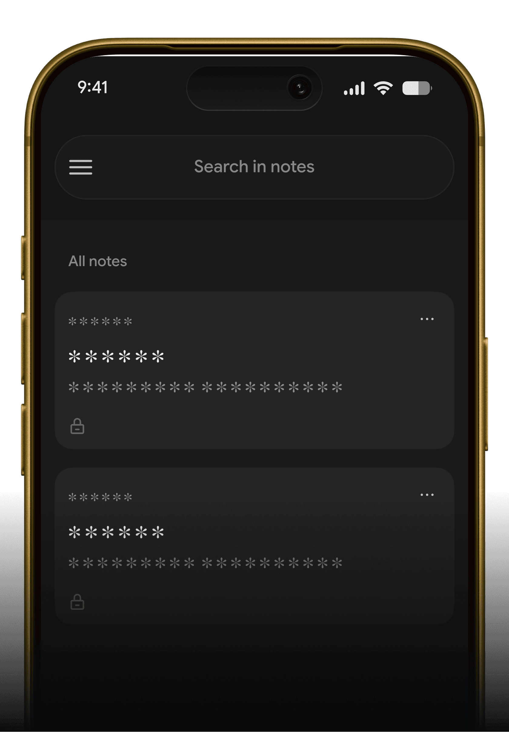 Smartphone displaying the MoniNotes secured list interface, showing encrypted, hidden note previews protected by zero-knowledge architecture.