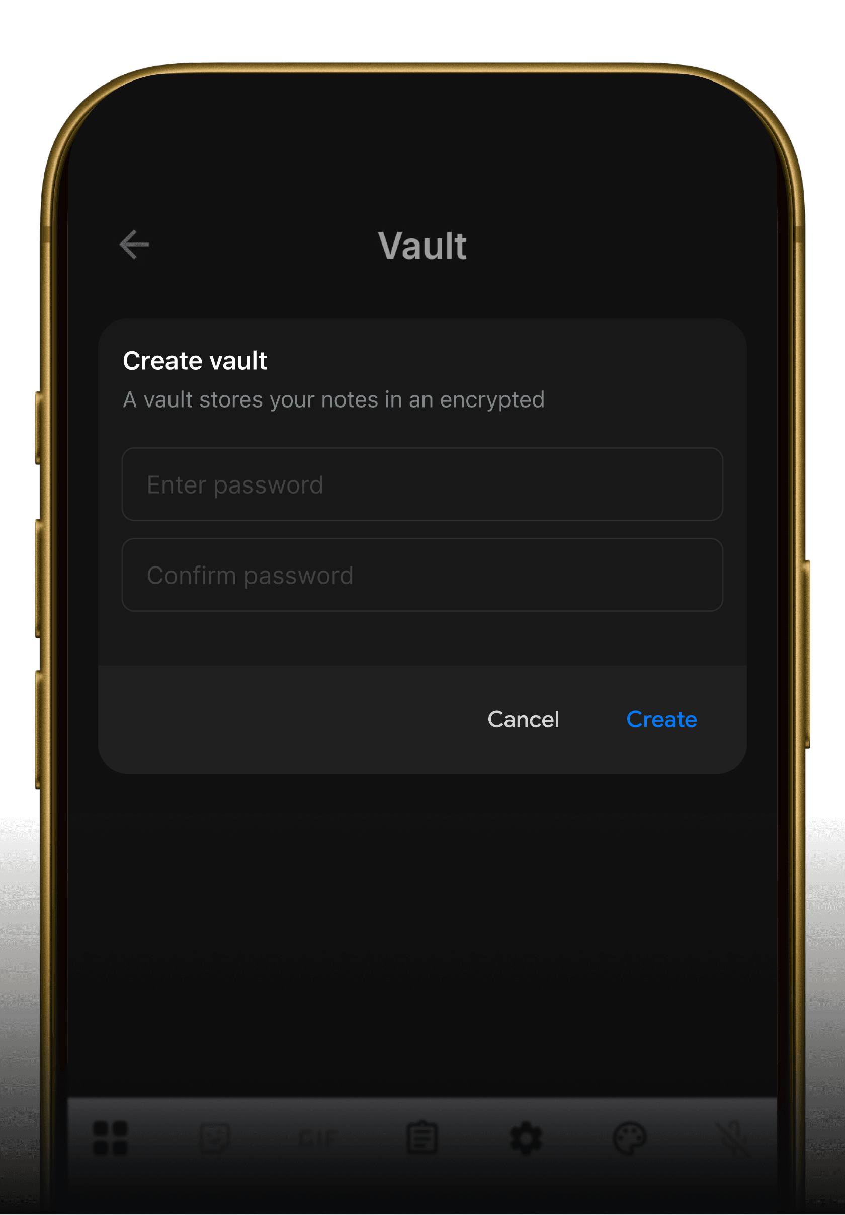 Mobile phone interface showing the MoniNotes Create Vault screen, prompting the user to enter a password to shield highly private folders.