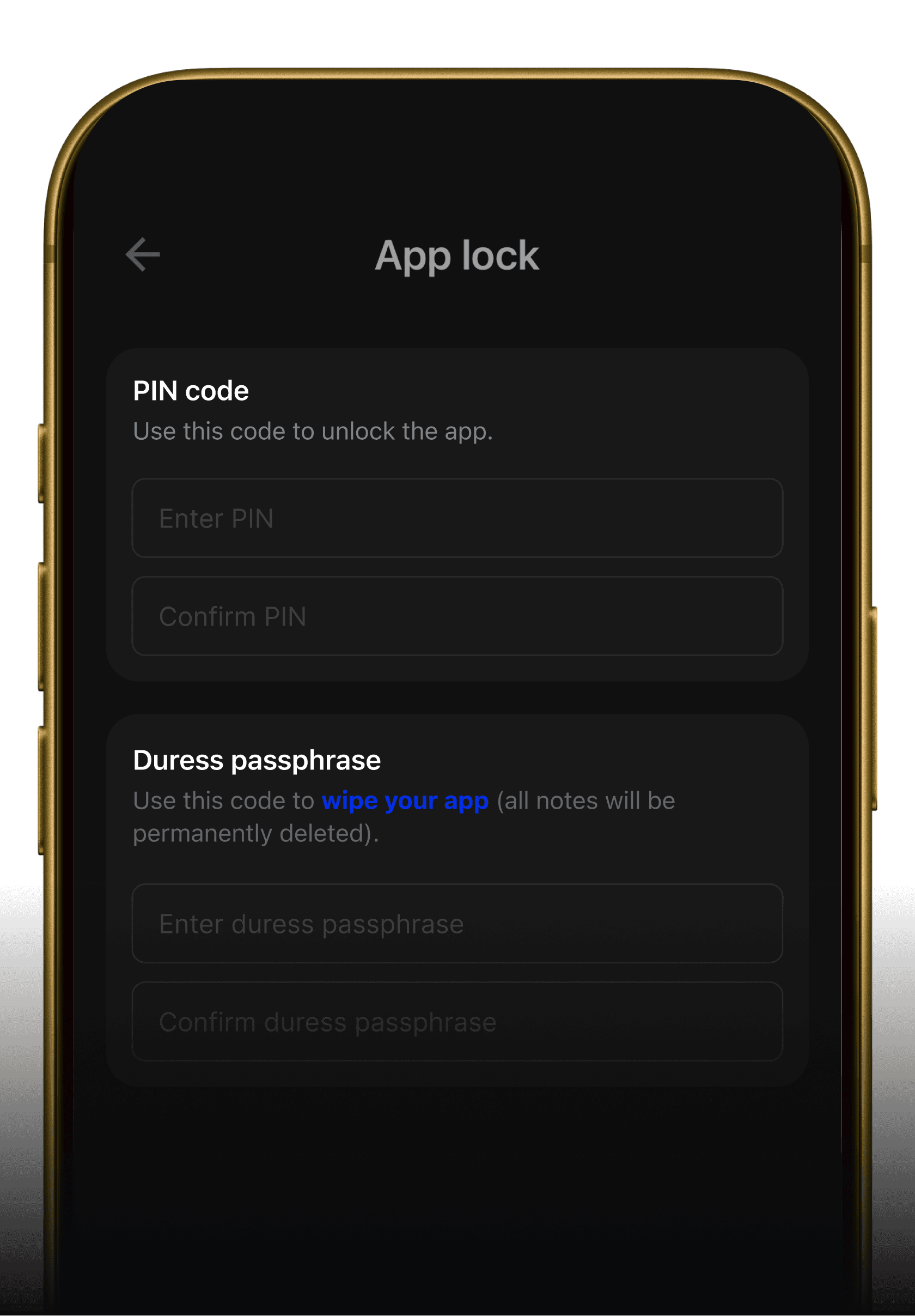 A smartphone screen displaying MoniNotes security settings, configuring an App Lock PIN code and a security-focused Duress passphrase for emergency data protection.