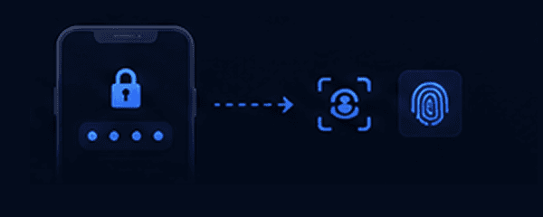 Graphic displaying a smartphone PIN lock screen verifying biometric face recognition and fingerprint scan icons for advanced app protection.