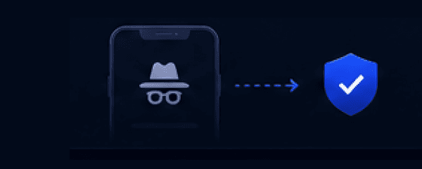 An icon of a hidden incognito figure leading safely to a blue checkmark shield, depicting an emergency duress passphrase unlocking a decoy profile.