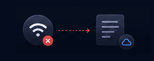 Diagram showing a Wi-Fi icon with a red 'X' disconnected from a note document, representing a reliance on internet access.
