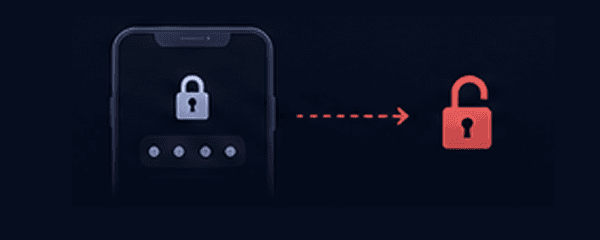 Icon of a standard smartphone password screen leading to an unsecure red open padlock, symbolizing easily bypassed app locks.