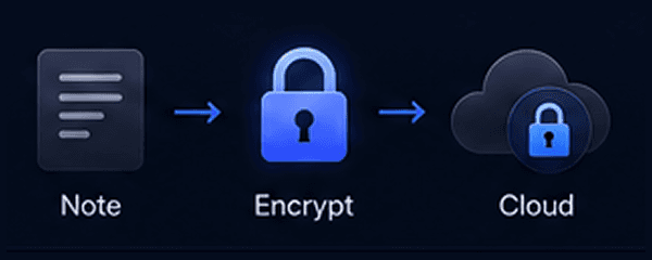 Diagram showing a note document passing through a secure blue padlock icon before syncing to the cloud, representing local client-side encryption.