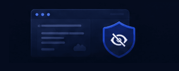 An icon layout displaying data analytics sheets hidden behind a blue shield with a crossed-out eye, representing absolute tracking block.